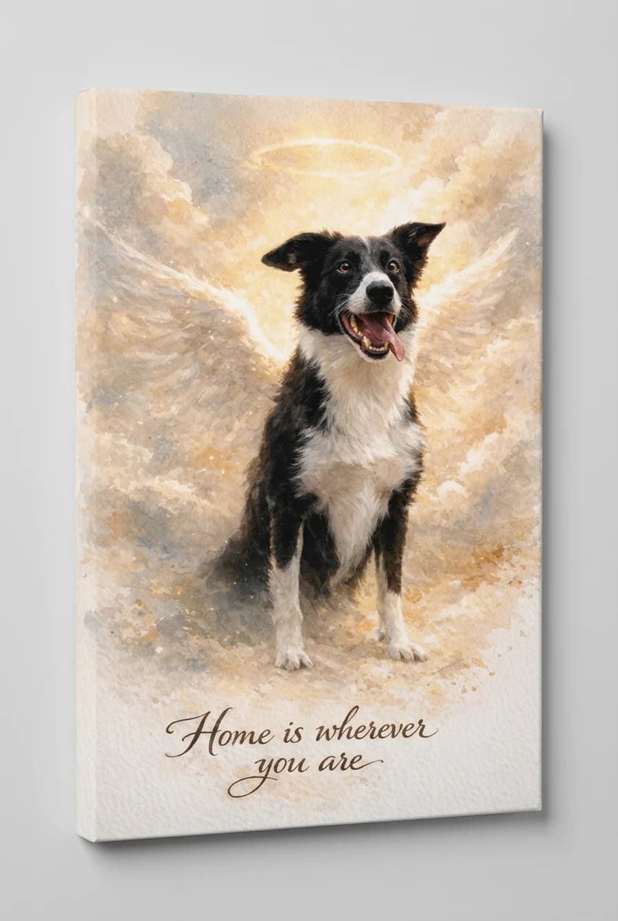 Border Collie memorial canvas print on wall — angel wings, heaven style, close-up gallery wrap